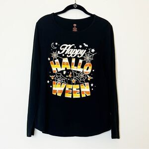 Pumpkin Happy Halloween Gold Spider Web Long Sleeve Candy Corn T-Shirt, Size M
